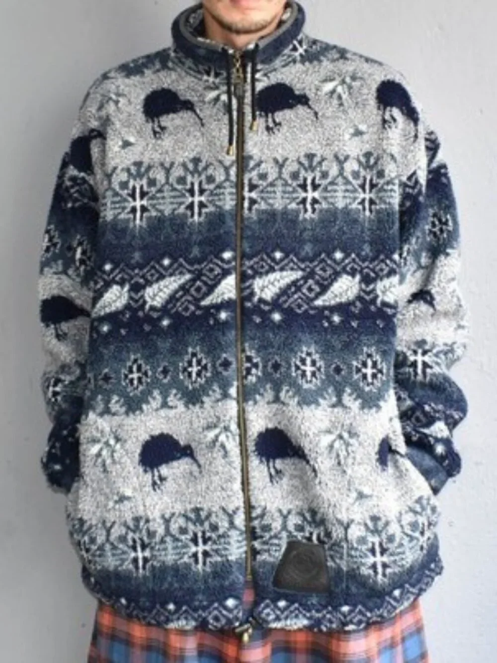 Vintage Mika New Zealand Kiwi Fern Nordic Fleece Jacket Zip-Up Pocket Blue Grey